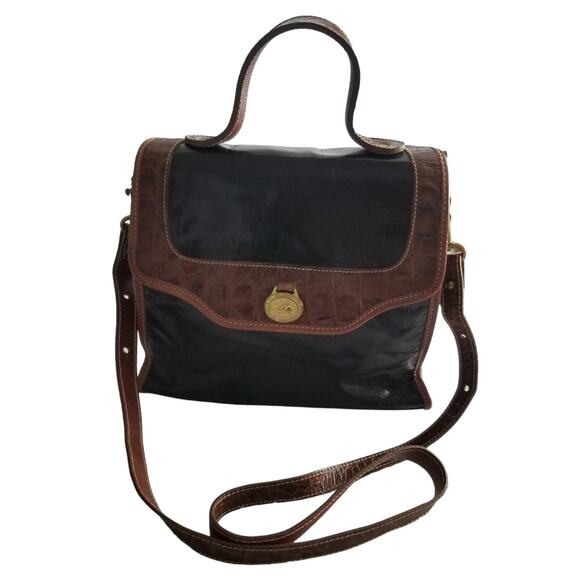 Brahmin Black Brown Leather Crocodile Embossed Top Handle Satchel Bag - Vintage - Picture 1 of 16